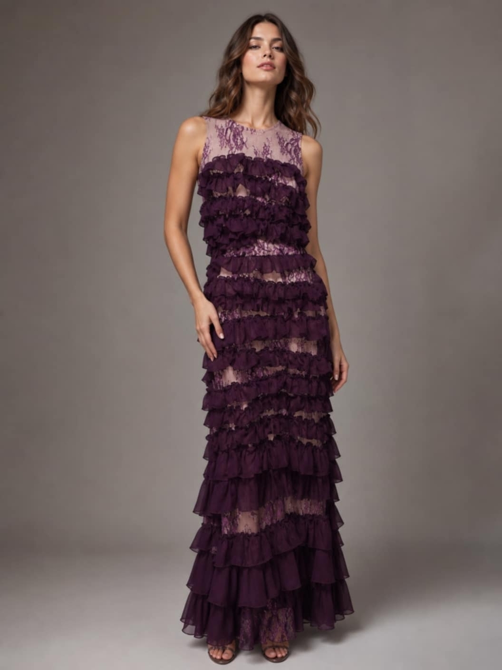 Sleeveless Purple Ruffled Lace Maxi Dress
